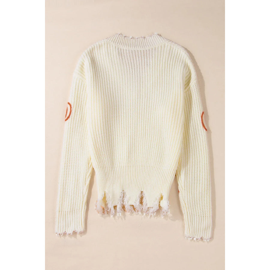 Raw Hem Pumpkin V-Neck Long Sleeve Sweater Apparel and Accessories