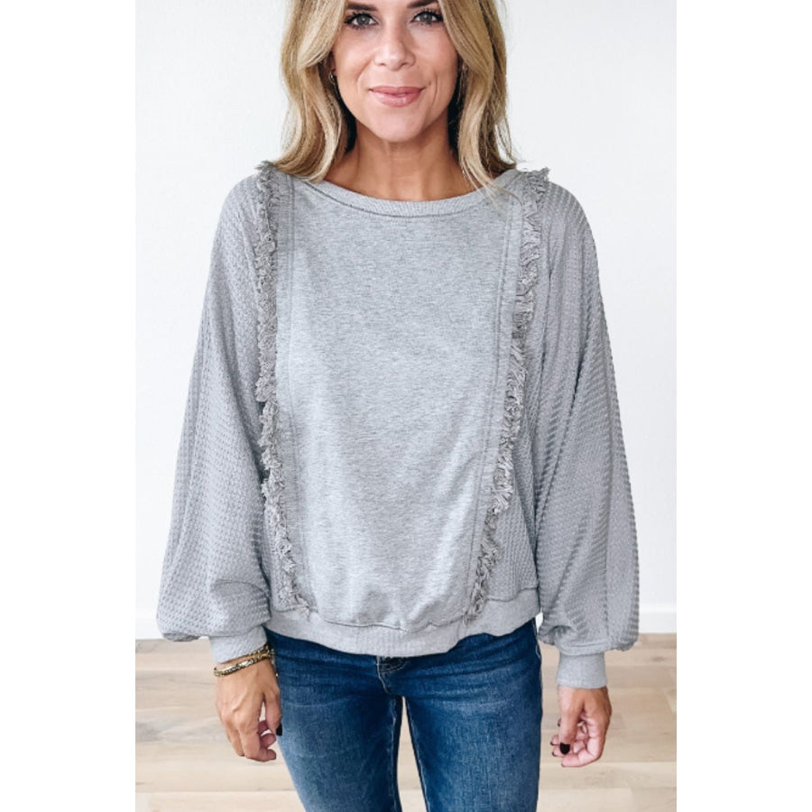 Raw Hem Round Neck Long Sleeve Sweatshirt Light Gray / S Apparel and Accessories