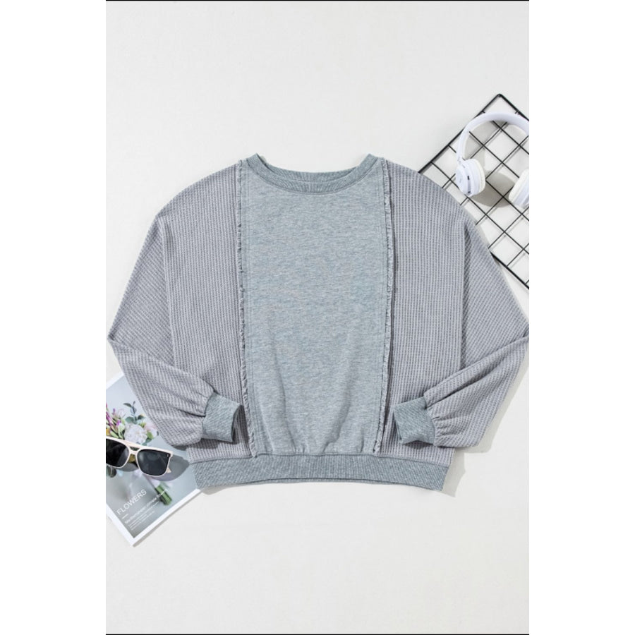 Raw Hem Round Neck Long Sleeve Sweatshirt Apparel and Accessories