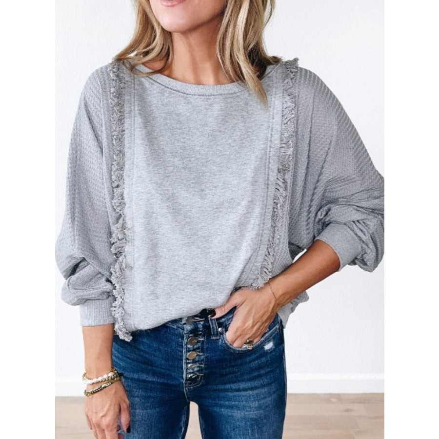 Raw Hem Round Neck Long Sleeve Sweatshirt Light Gray / S Apparel and Accessories