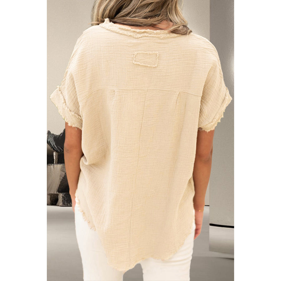 Raw Hem Round Neck Short Sleeve Blouse Apparel and Accessories