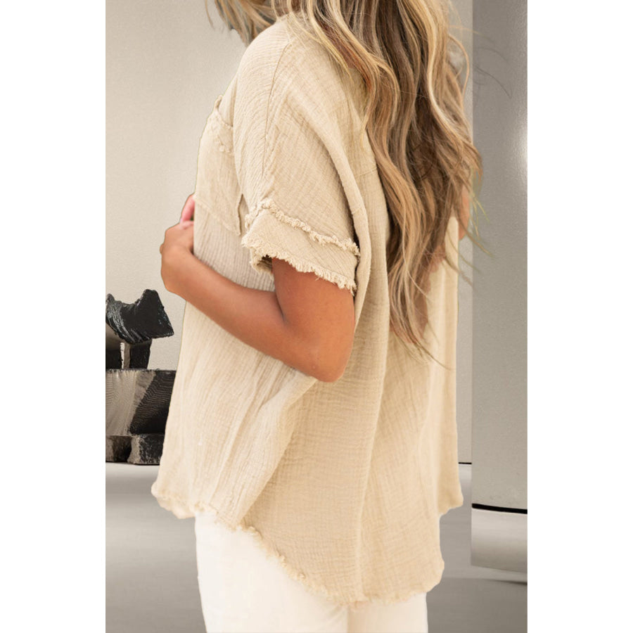 Raw Hem Round Neck Short Sleeve Blouse Beige / S Apparel and Accessories