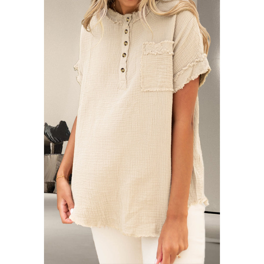 Raw Hem Round Neck Short Sleeve Blouse Beige / S Apparel and Accessories