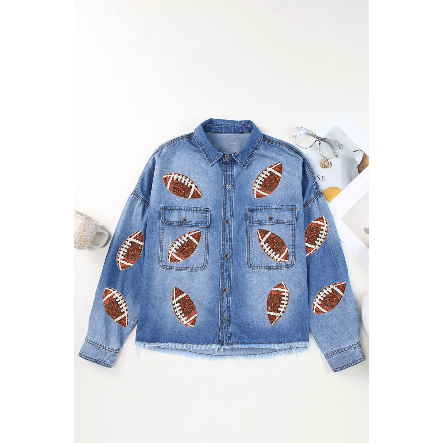 Raw Hem Sequin Football Long Sleeve Denim Jacket Apparel and Accessories