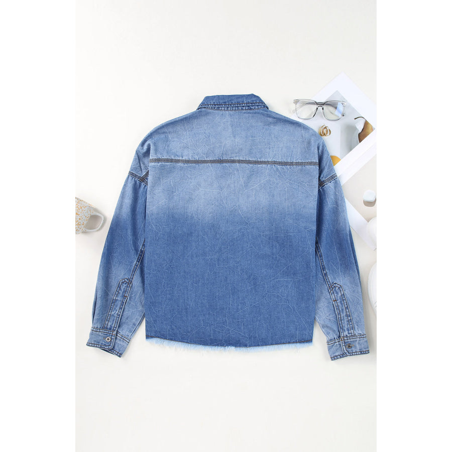 Raw Hem Sequin Football Long Sleeve Denim Jacket Apparel and Accessories