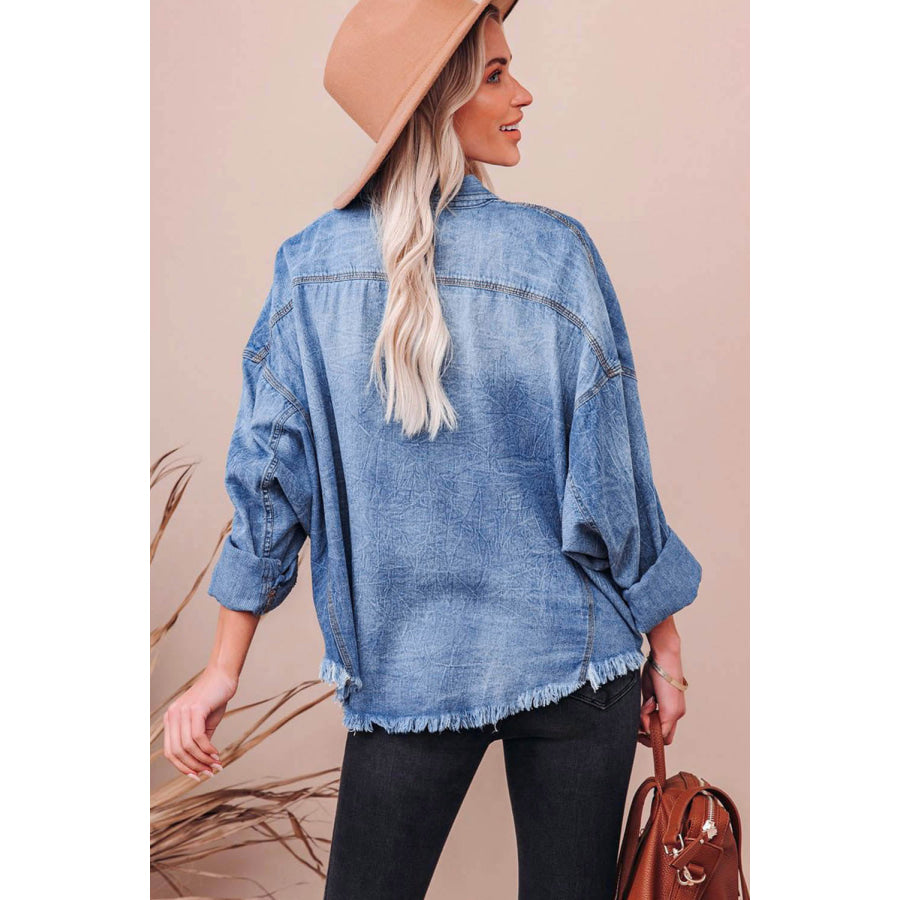 Raw Hem Sequin Football Long Sleeve Denim Jacket Apparel and Accessories