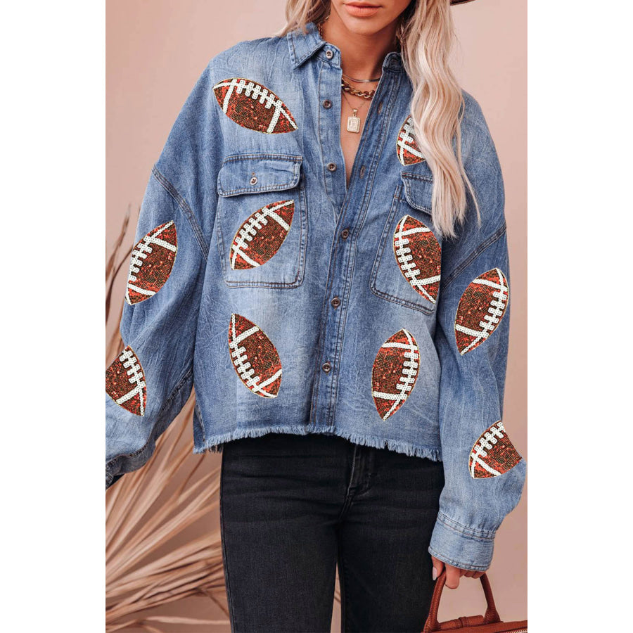 Raw Hem Sequin Football Long Sleeve Denim Jacket Apparel and Accessories