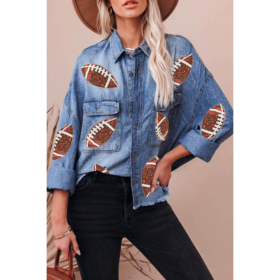 Raw Hem Sequin Football Long Sleeve Denim Jacket Medium / S Apparel and Accessories