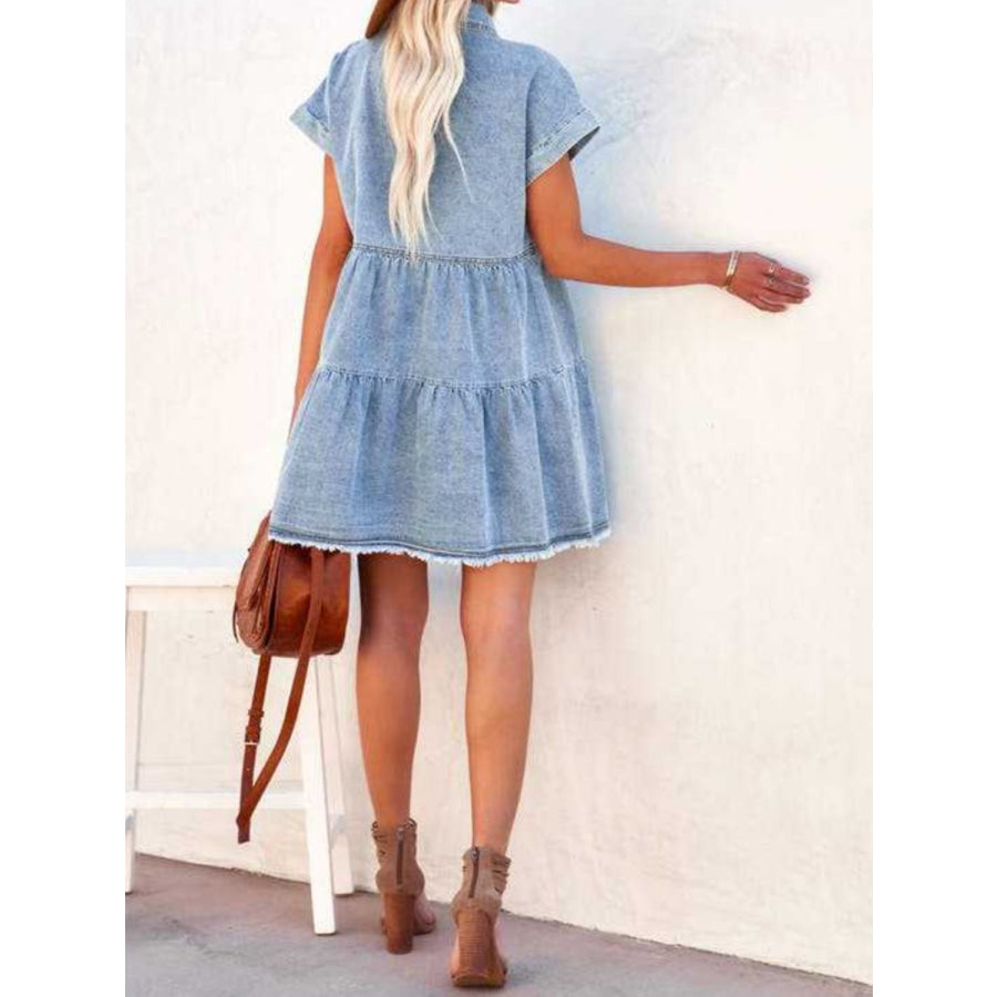 Raw Hem Short Sleeve Denim Dress Light Blue / S Apparel and Accessories