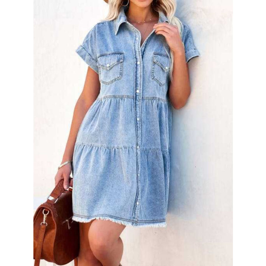 Raw Hem Short Sleeve Denim Dress Apparel and Accessories