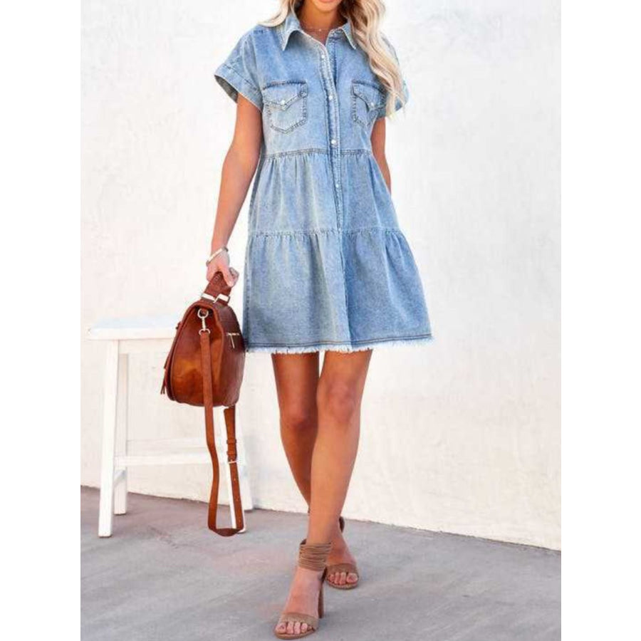 Raw Hem Short Sleeve Denim Dress Apparel and Accessories