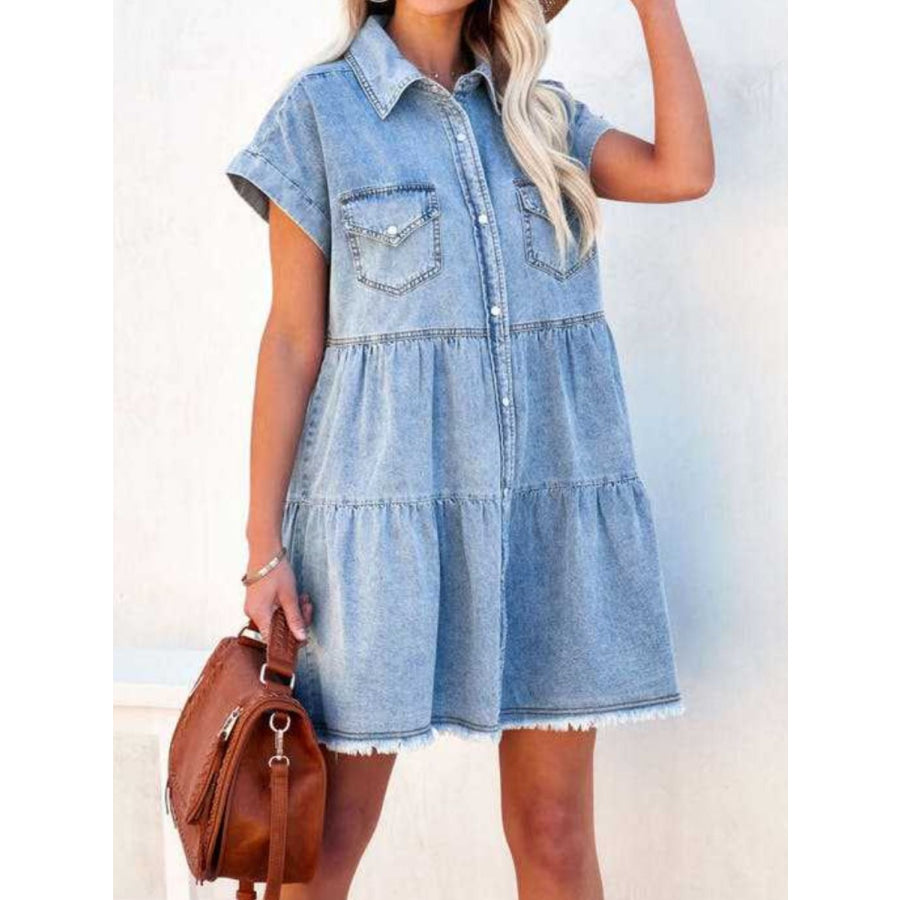 Raw Hem Short Sleeve Denim Dress Light Blue / S Apparel and Accessories