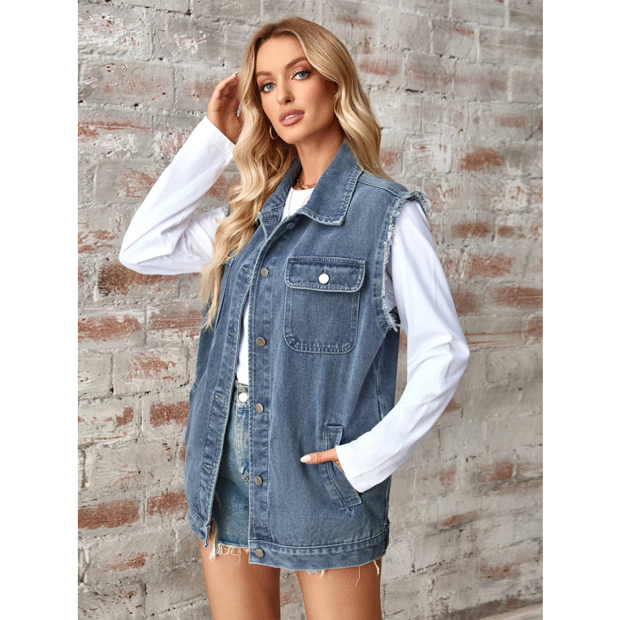 Raw Hem Sleeveless Button Up Denim Jacket Apparel and Accessories