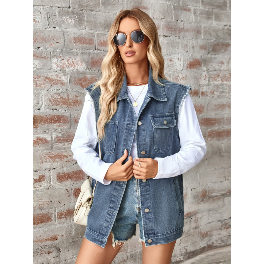 Raw Hem Sleeveless Button Up Denim Jacket Apparel and Accessories