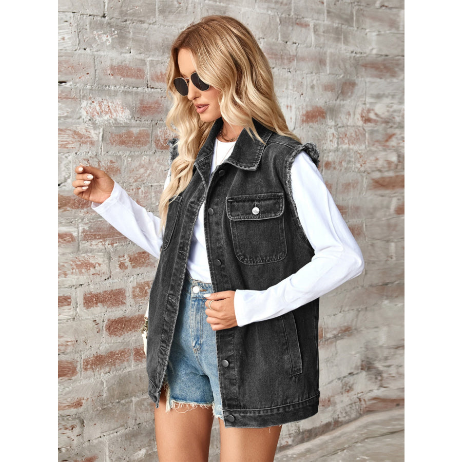 Raw Hem Sleeveless Button Up Denim Jacket Apparel and Accessories