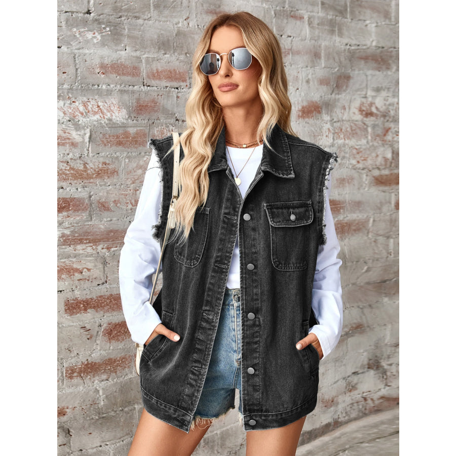 Raw Hem Sleeveless Button Up Denim Jacket Apparel and Accessories