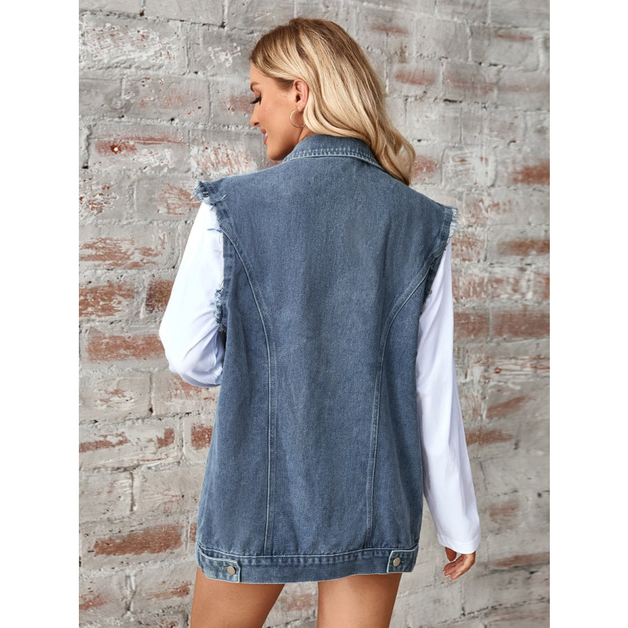 Raw Hem Sleeveless Button Up Denim Jacket Apparel and Accessories