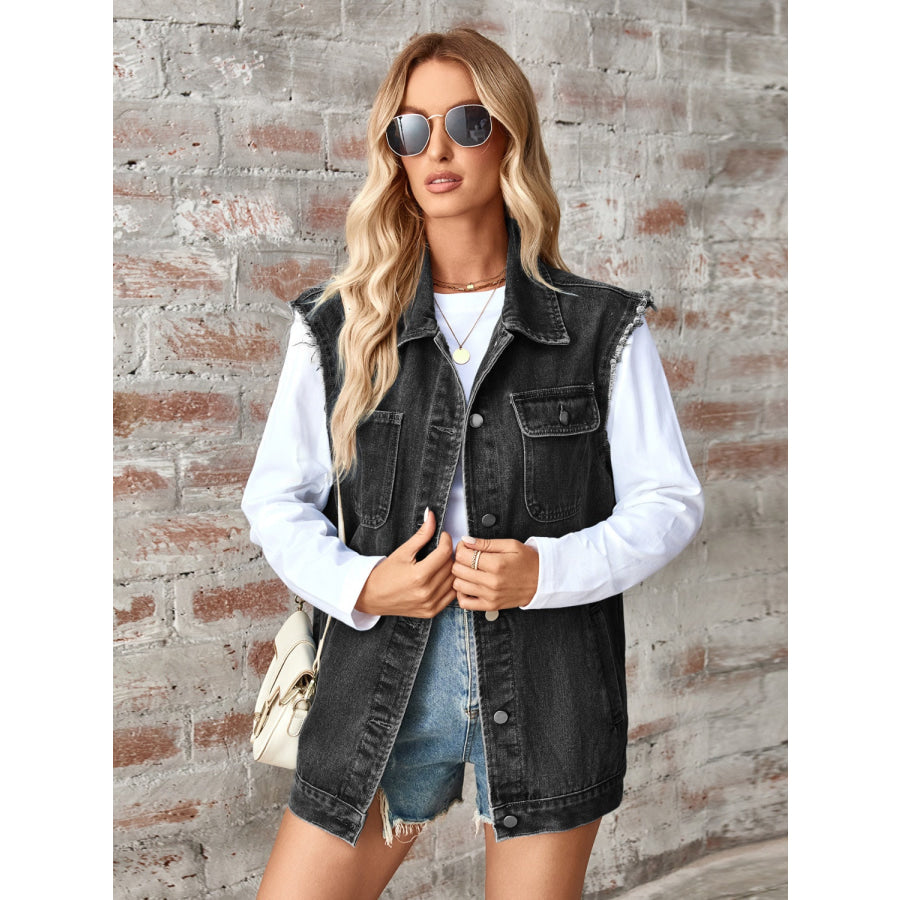 Raw Hem Sleeveless Button Up Denim Jacket Apparel and Accessories