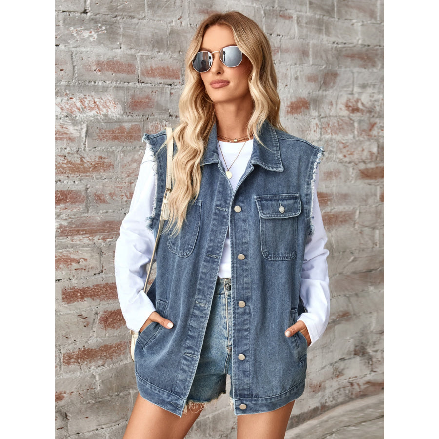 Raw Hem Sleeveless Button Up Denim Jacket Dusty Blue / S Apparel and Accessories