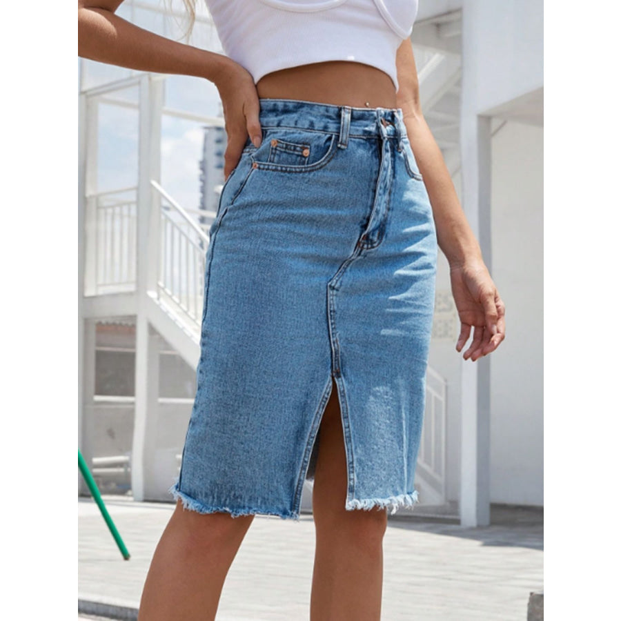 Raw Hem Slit Denim Skirt Apparel and Accessories