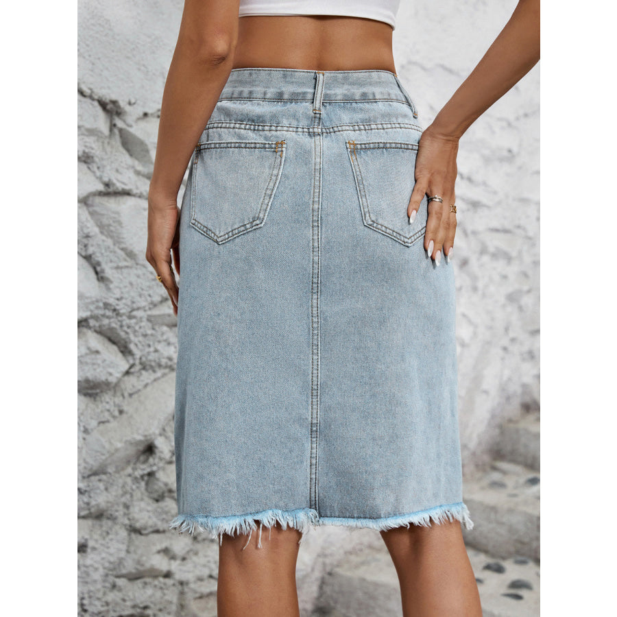 Raw Hem Slit Denim Skirt Apparel and Accessories