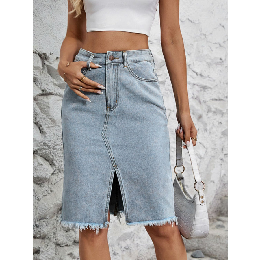 Raw Hem Slit Denim Skirt Apparel and Accessories