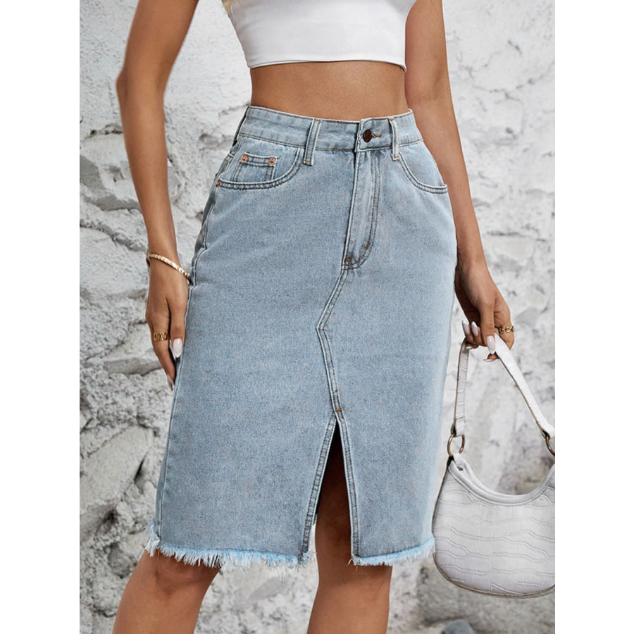 Raw Hem Slit Denim Skirt Apparel and Accessories