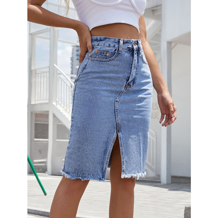 Raw Hem Slit Denim Skirt Apparel and Accessories