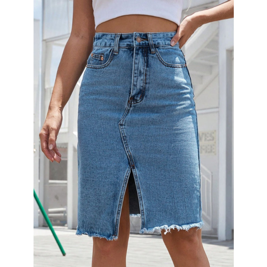 Raw Hem Slit Denim Skirt Apparel and Accessories