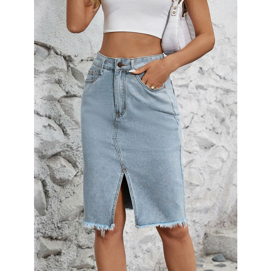 Raw Hem Slit Denim Skirt Apparel and Accessories