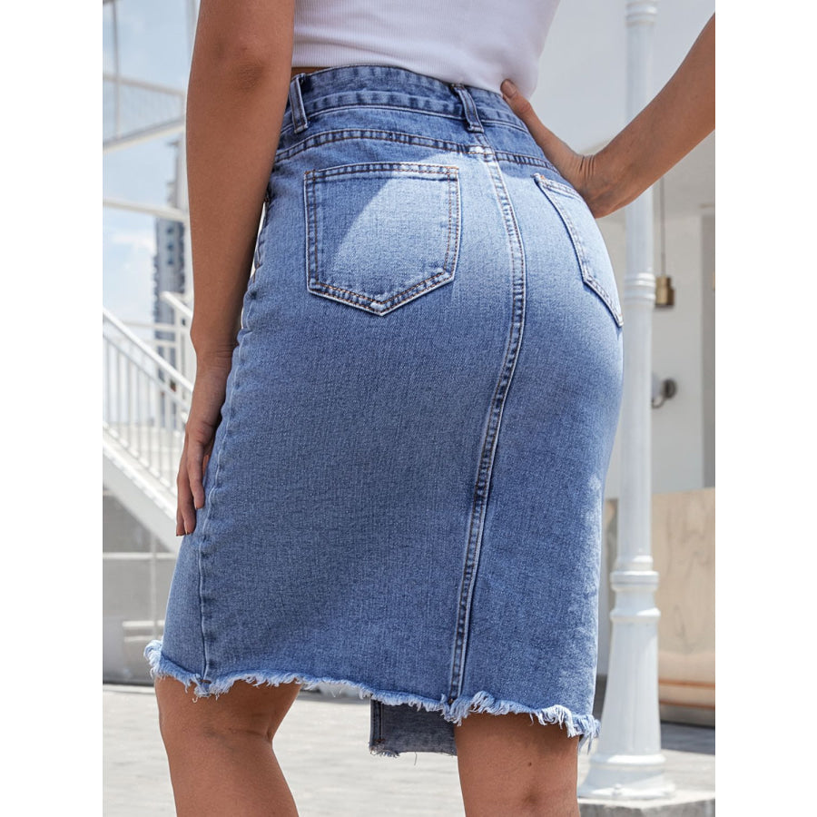 Raw Hem Slit Denim Skirt Apparel and Accessories