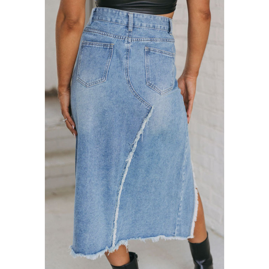Raw Hem Slit Denim Skirt with Pockets Apparel and Accessories