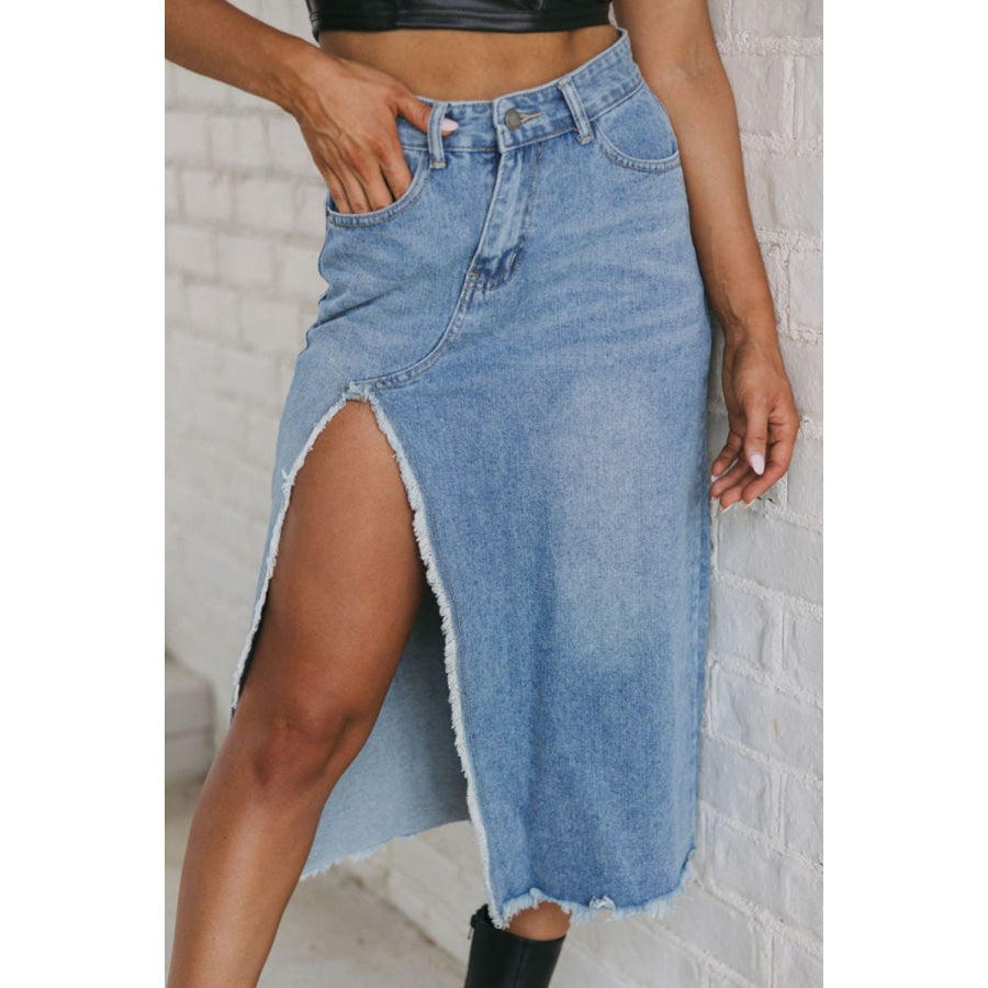 Raw Hem Slit Denim Skirt with Pockets Medium / S Apparel and Accessories