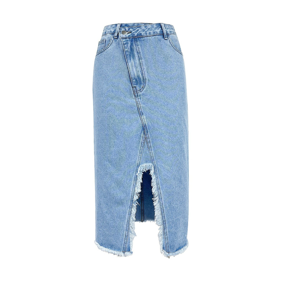 Raw Hem Slit Midi Denim Skirt Apparel and Accessories