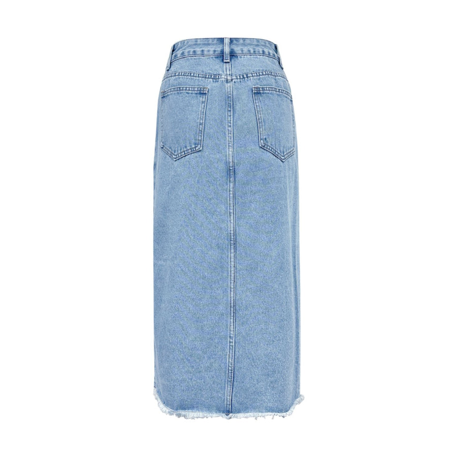 Raw Hem Slit Midi Denim Skirt Apparel and Accessories