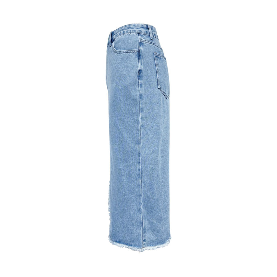 Raw Hem Slit Midi Denim Skirt Apparel and Accessories