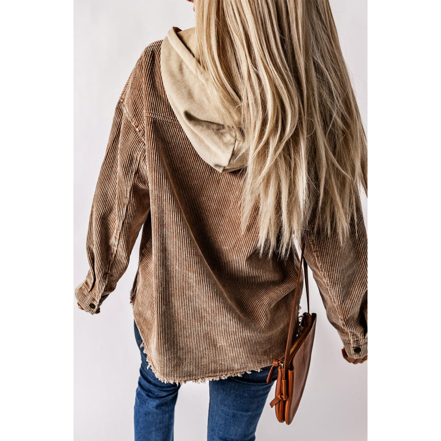 Raw Hem Snap Down Drawstring Hooded Jacket Apparel and Accessories