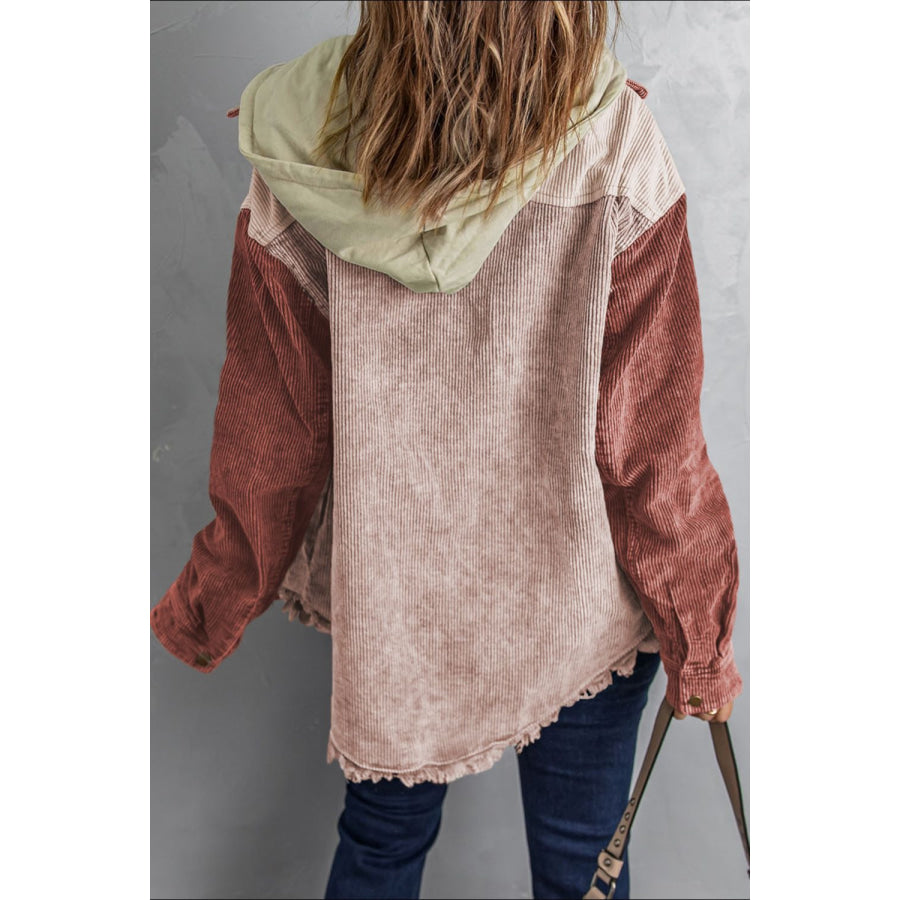 Raw Hem Snap Down Drawstring Hooded Jacket Apparel and Accessories