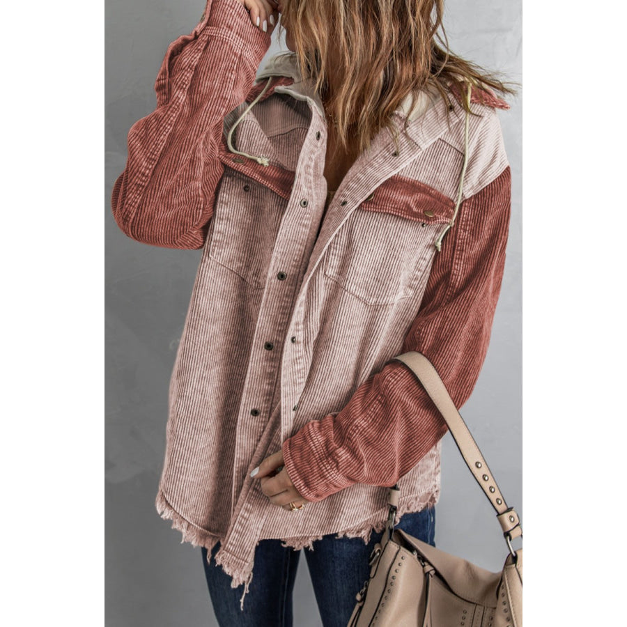 Raw Hem Snap Down Drawstring Hooded Jacket Dusty Pink / S Apparel and Accessories
