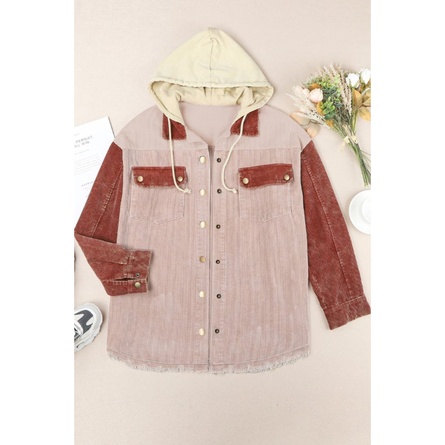 Raw Hem Snap Down Drawstring Hooded Jacket Apparel and Accessories