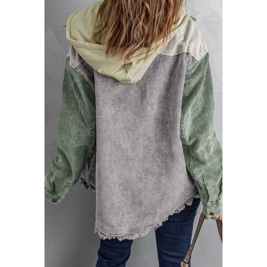 Raw Hem Snap Down Drawstring Hooded Jacket Apparel and Accessories