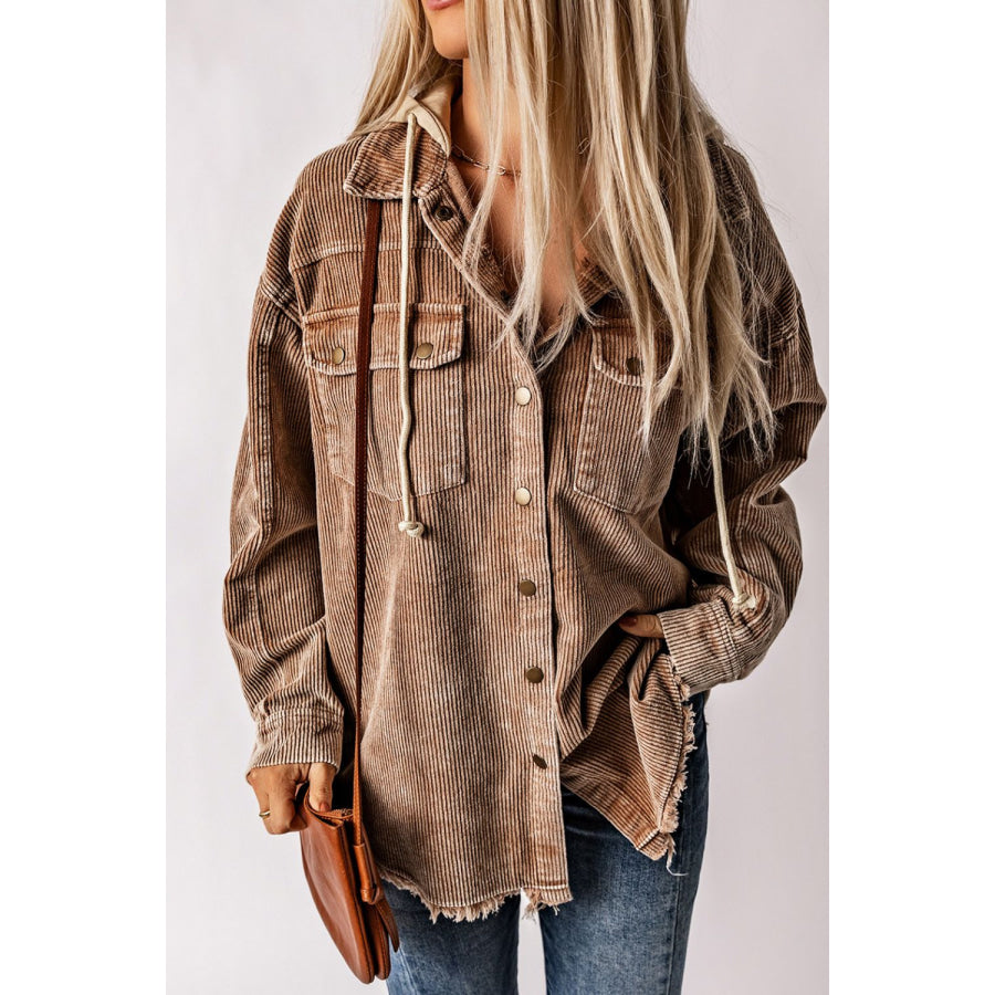 Raw Hem Snap Down Drawstring Hooded Jacket Apparel and Accessories