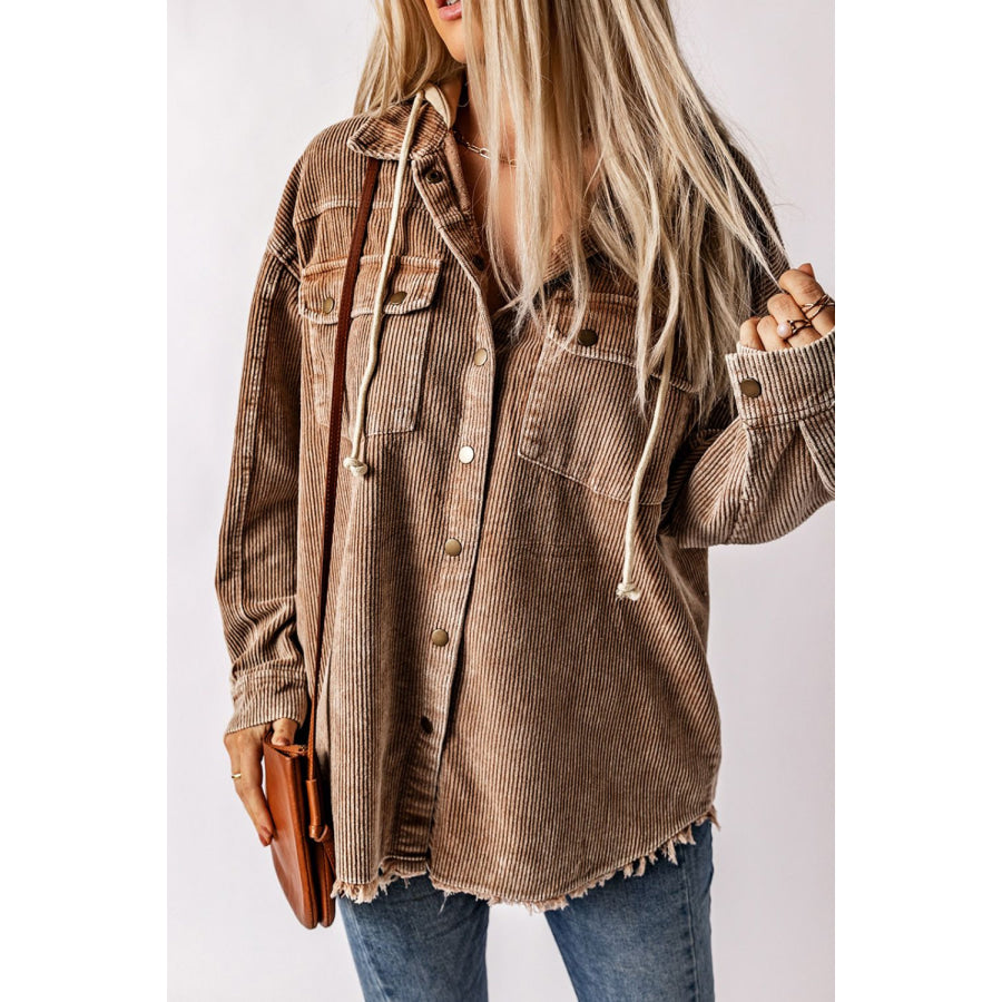 Raw Hem Snap Down Drawstring Hooded Jacket Brown / S Apparel and Accessories