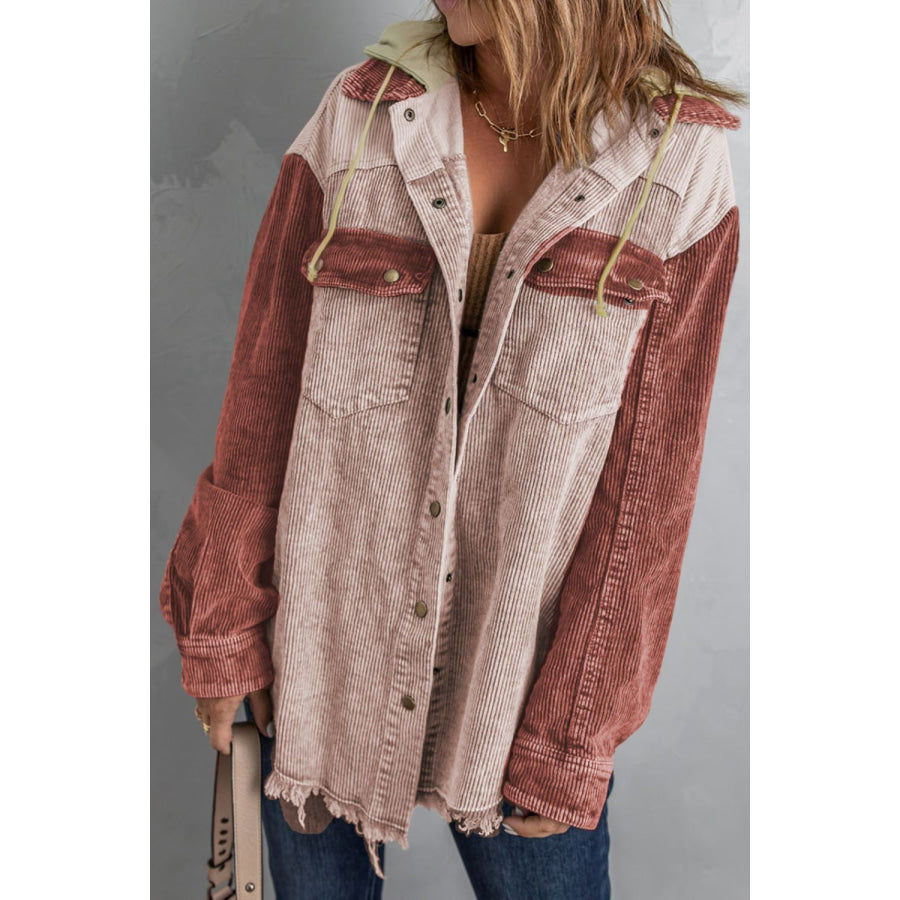 Raw Hem Snap Down Drawstring Hooded Jacket Dusty Pink / S Apparel and Accessories