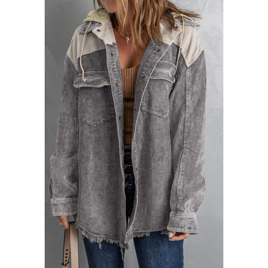 Raw Hem Snap Down Drawstring Hooded Jacket Gray / S Apparel and Accessories