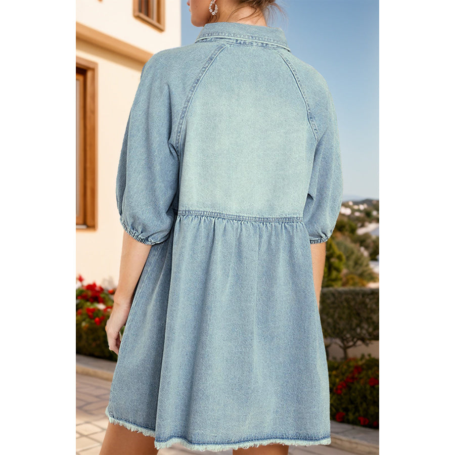 Raw Hem Snap Down Half Sleeve Denim Dress Apparel and Accessories