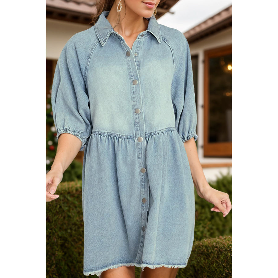 Raw Hem Snap Down Half Sleeve Denim Dress Apparel and Accessories