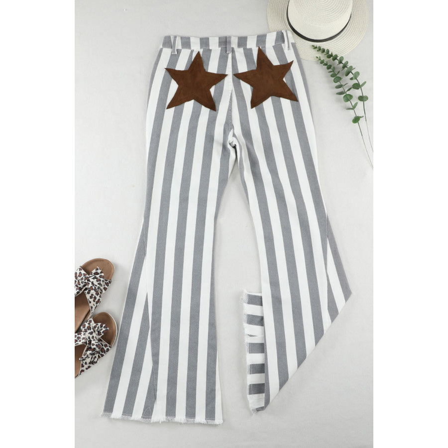 Raw Hem Star Applique Striped Jeans Apparel and Accessories