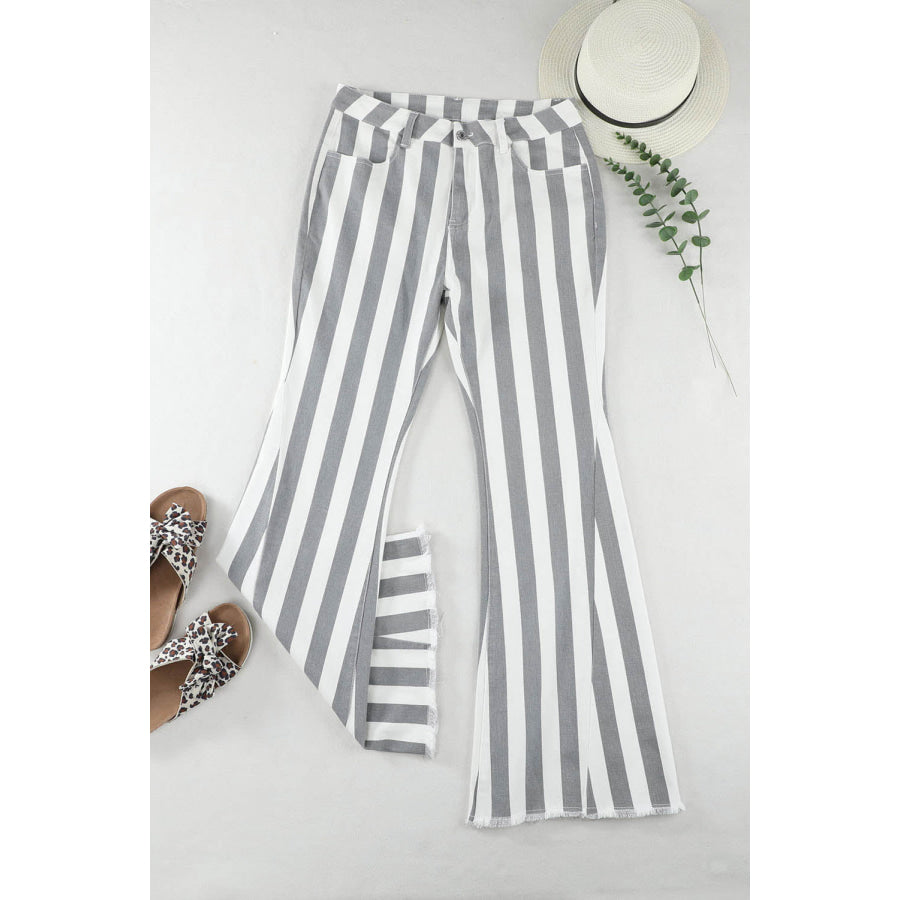 Raw Hem Star Applique Striped Jeans Apparel and Accessories