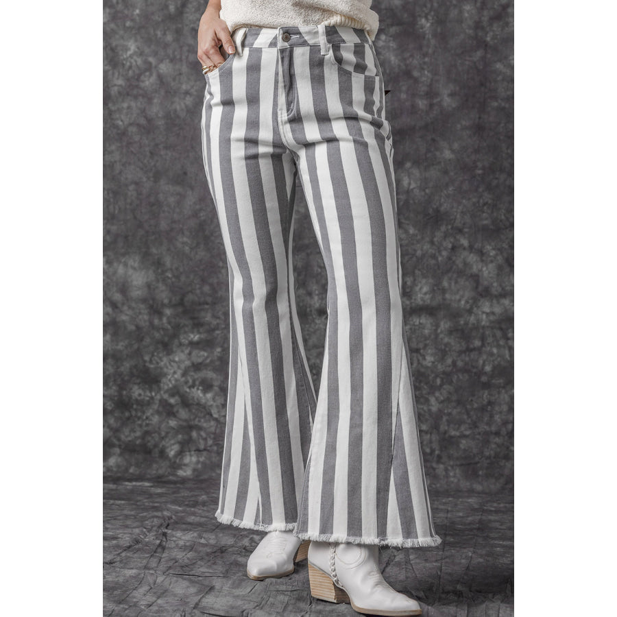 Raw Hem Star Applique Striped Jeans Apparel and Accessories